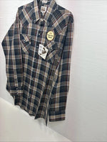New Men’s ELY Cattleman Brown Blue Plaid Long Sleeve Pearl Snap XLT R-44