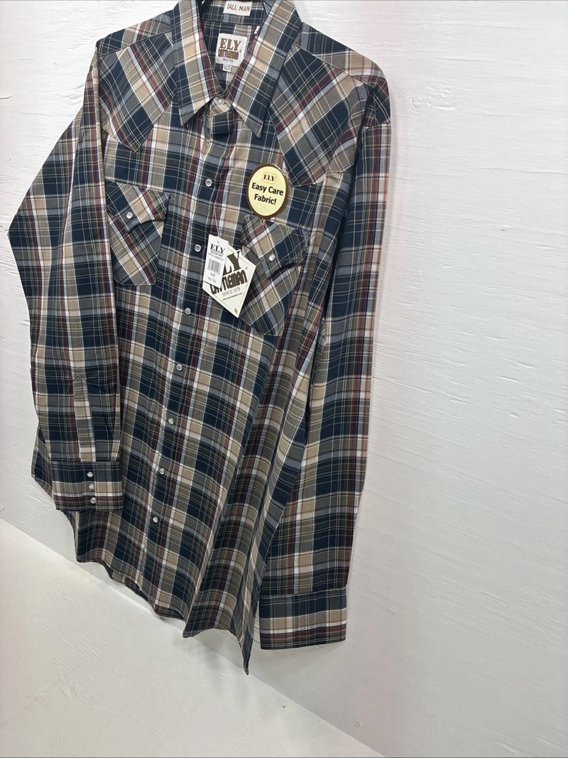 New Men’s ELY Cattleman Brown Blue Plaid Long Sleeve Pearl Snap XLT R-44
