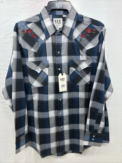 New Men’s ELY Cattleman Blue Grey Plaid Long Sleeve Pearl Snap Large AA-19