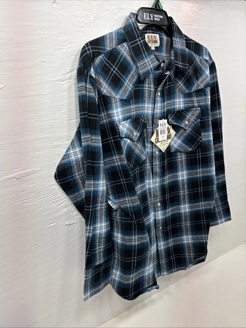New Men’s ELY Cattleman Blue Black Plaid Long Sleeve Pearl Snap XL O-56