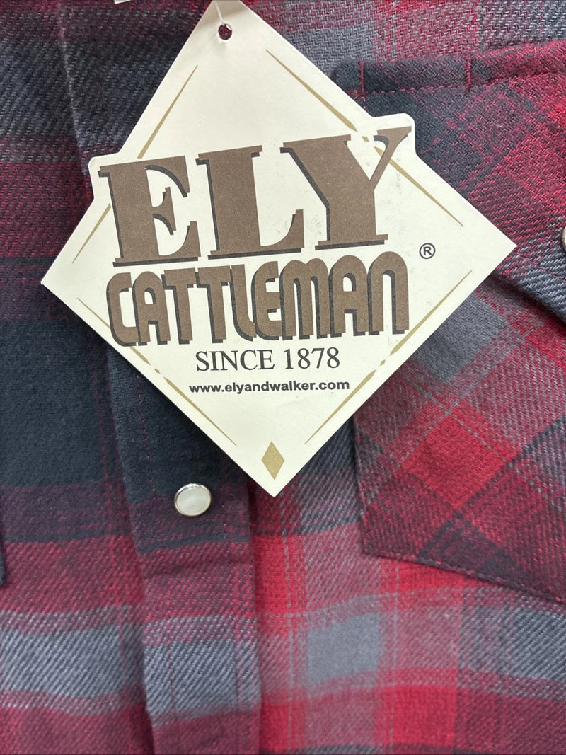 New Men’s ELY Cattleman Red Plaid Heavy Long Sleeve Pearl Snap Large CC-37