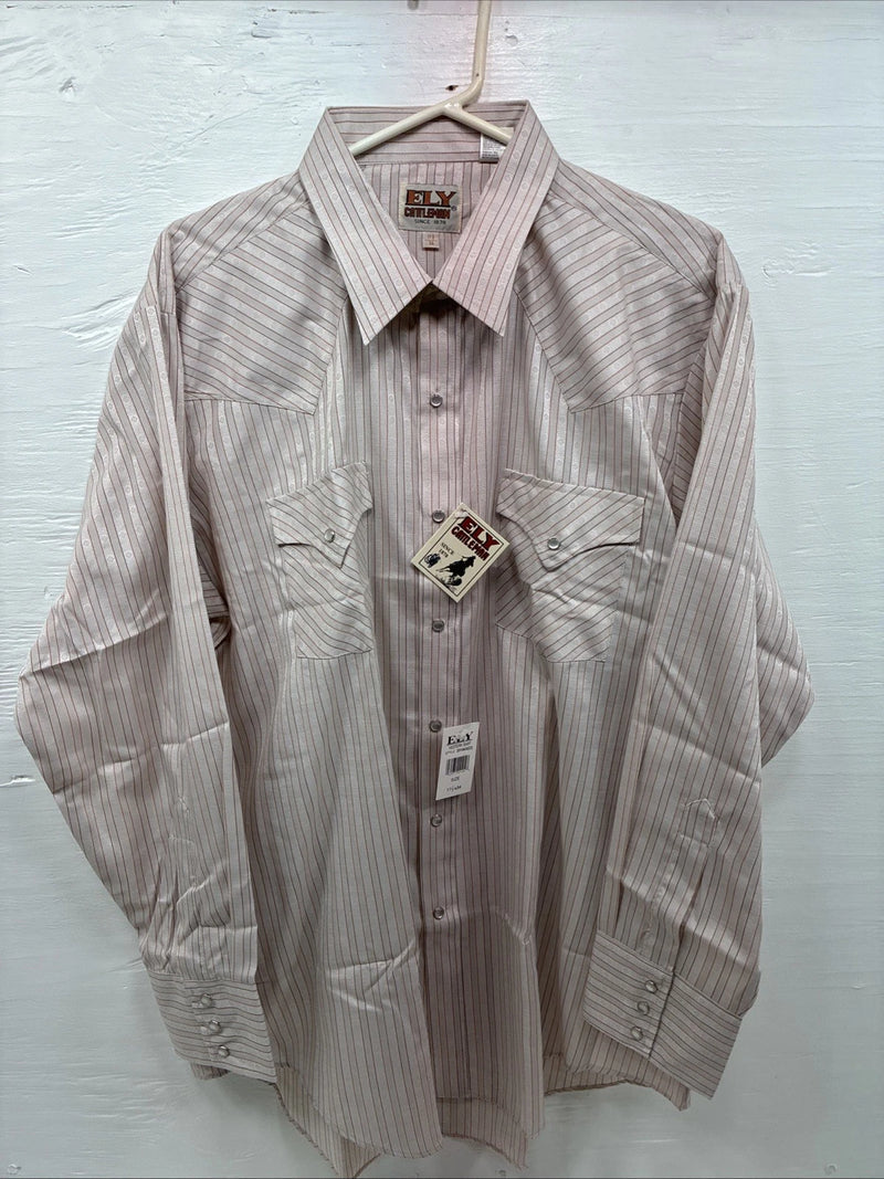 New Men’s ELY Cattleman Pink Stripe Long Sleeve Pearl Snap 17.5 XL O-62