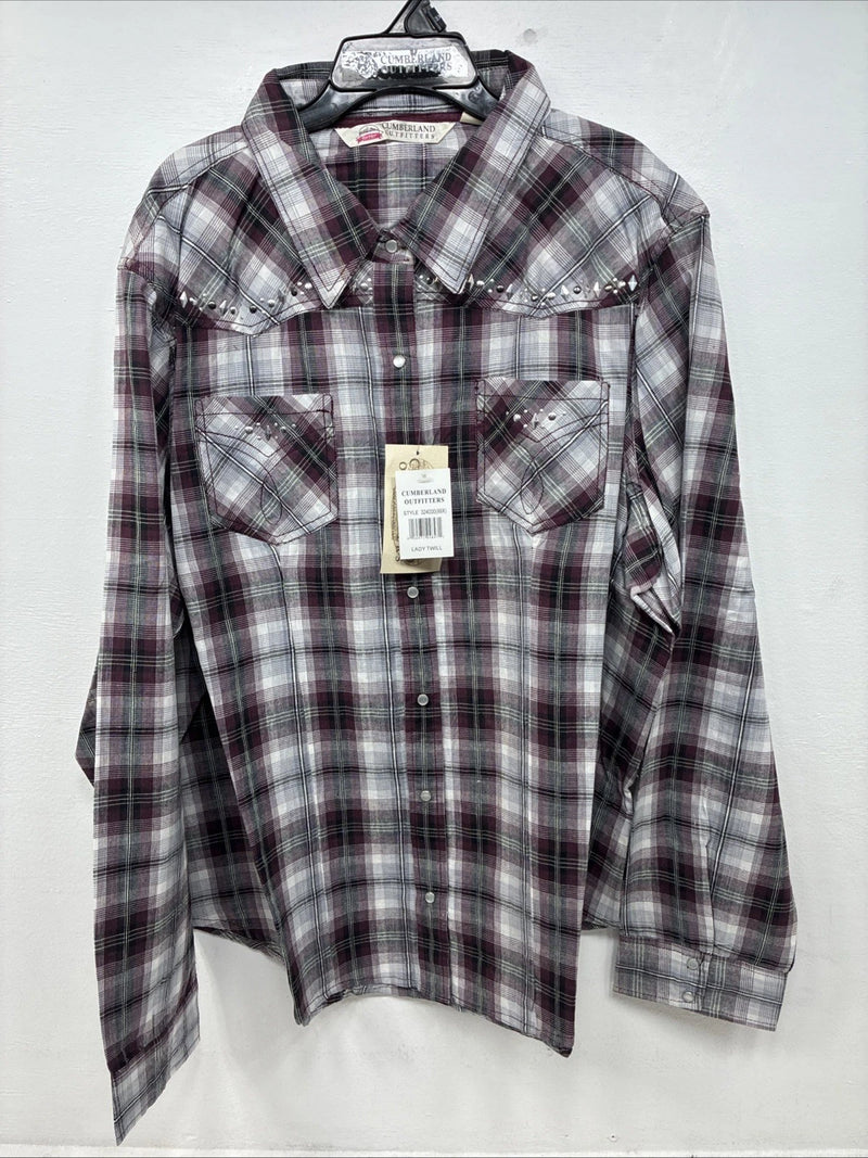New Women’s Cumberland Purple Plaid Long Sleeve Pearl Snap 3XL GG-25