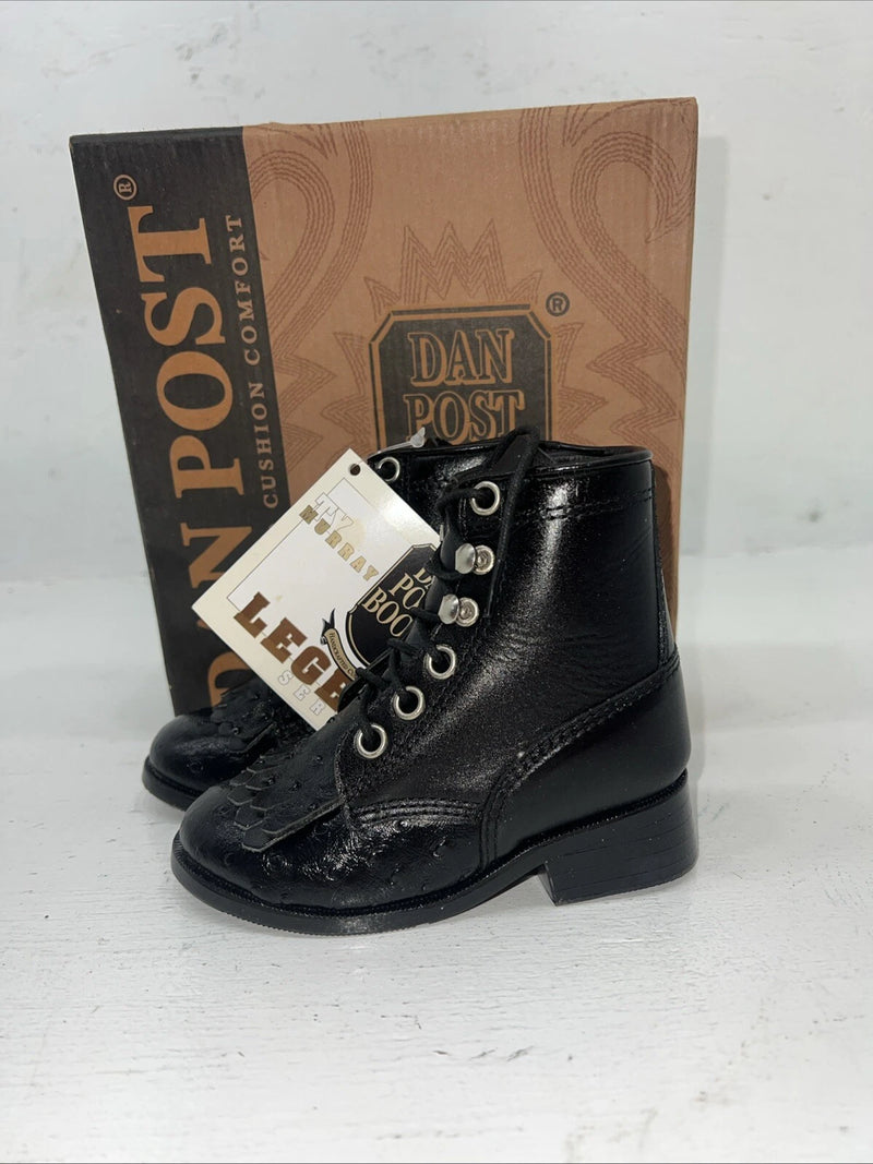 New Infant Dan Post Black Ostrich Print Lace Up Cowboy Boots. 5 D . 24-3
