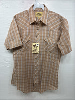 New Men’s ELY Cattleman Tan Plaid Short Sleeve Pearl Snap Medium Short K-70