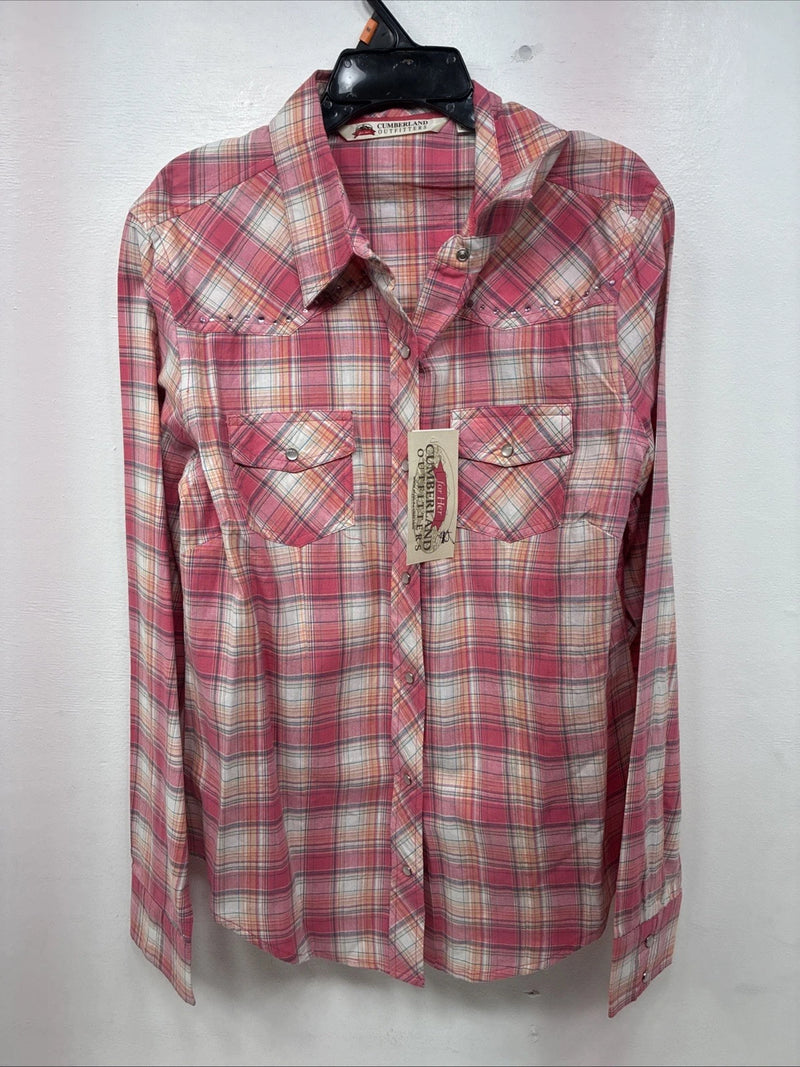 New Women’s Cumberland Pink Plaid Long Sleeve Pearl Snap Medium KK-109