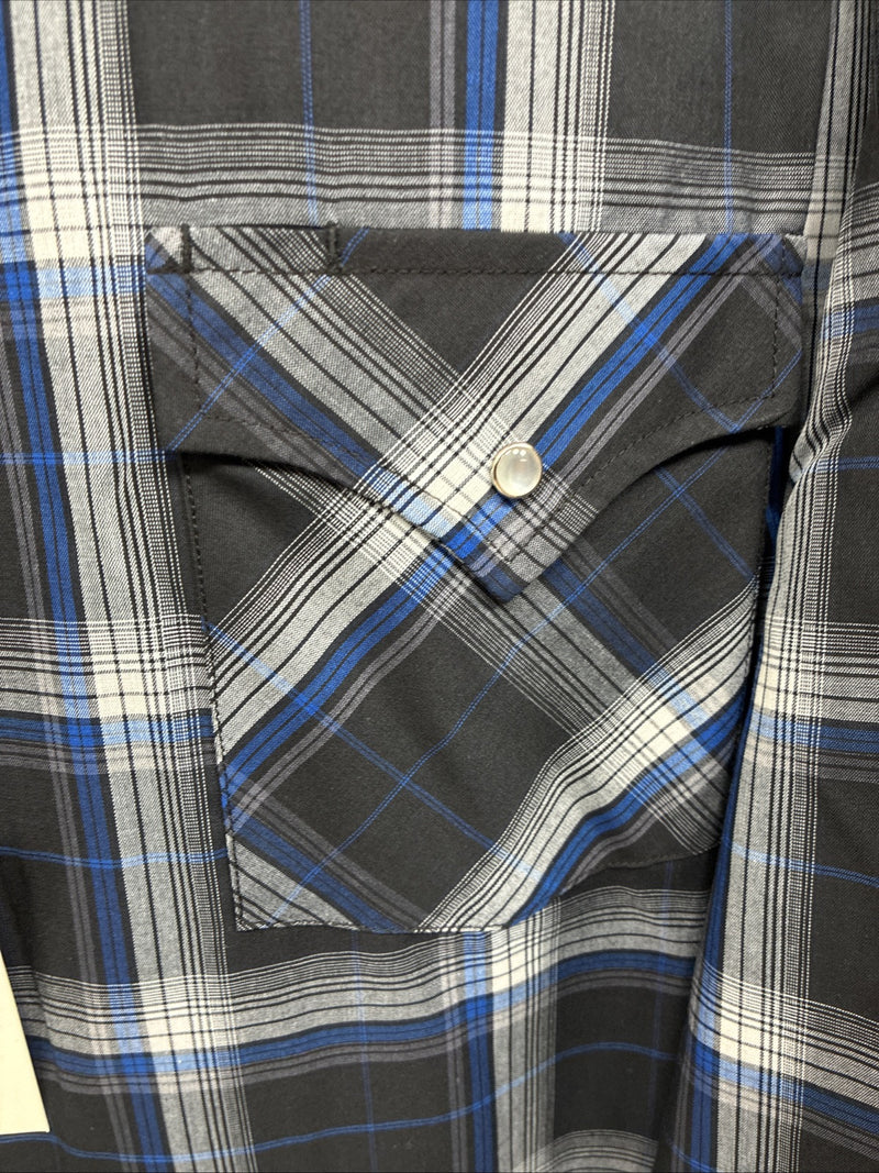 New Men’s ELY Cattleman Black Blue Flannel Long Sleeve Pearl Snap 4XL Tall E-88