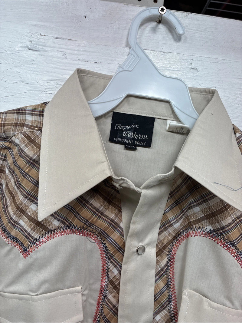 New Men’s Champion Westerns Brown Plaid Long Sleeve Pearl Snap Medium O-25