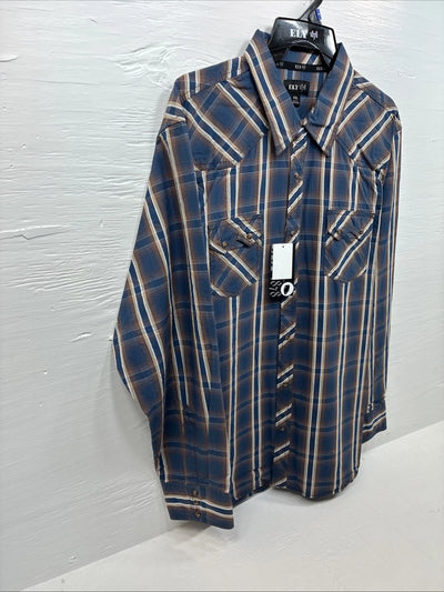 New men’s ELY 1878 Blue Flannel Long Sleeve Pearl Snap 2XL F-65