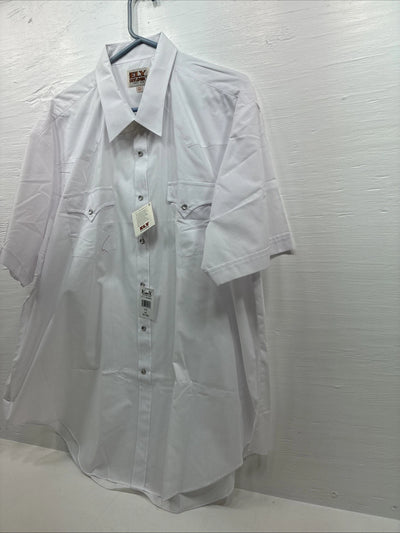 New Men’s ELY Cattleman White Short Sleeve Simple Pearl Snap 18.5 2XL F-79