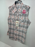 New Women’s Cumberland Gray Pink Plaid Short Sleeve Pearl Snap Medium LL-106