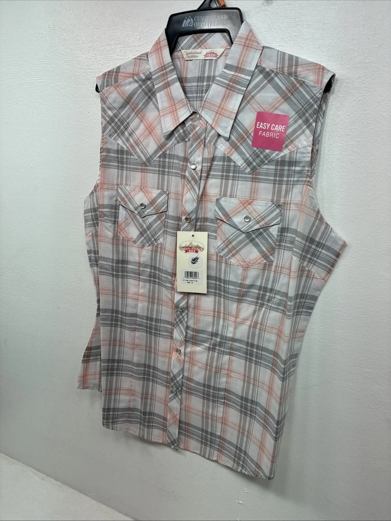 New Women’s Cumberland Gray Pink Plaid Short Sleeve Pearl Snap Medium LL-106