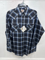New Men’s ELY Cattleman Blue Black Plaid Long Sleeve Pearl Snap XL O-66