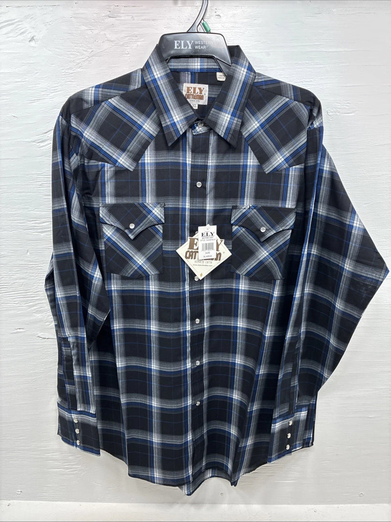 New Men’s ELY Cattleman Blue Black Plaid Long Sleeve Pearl Snap XL O-66