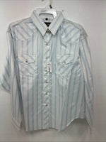 New Women’s White Horse White Blue Stripe Long Sleeve Pearl Snap XL GG-71