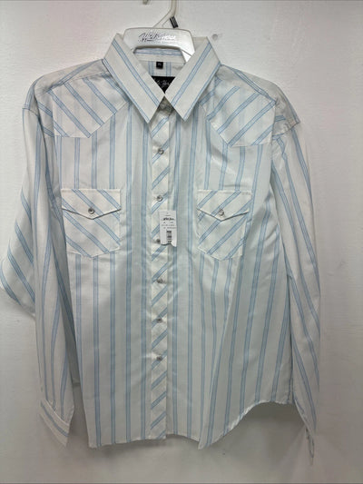 New Women’s White Horse White Blue Stripe Long Sleeve Pearl Snap XL GG-71