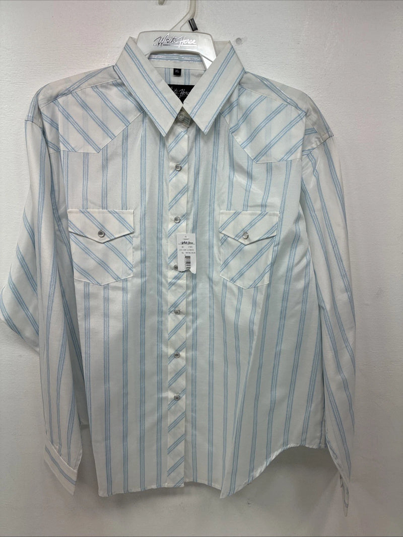 New Women’s White Horse White Blue Stripe Long Sleeve Pearl Snap XL GG-71