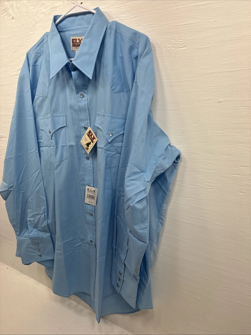 New Men’s ELY Cattleman Simple Blue Long Sleeve Pearl Snap 18 X 35 2XL R-9