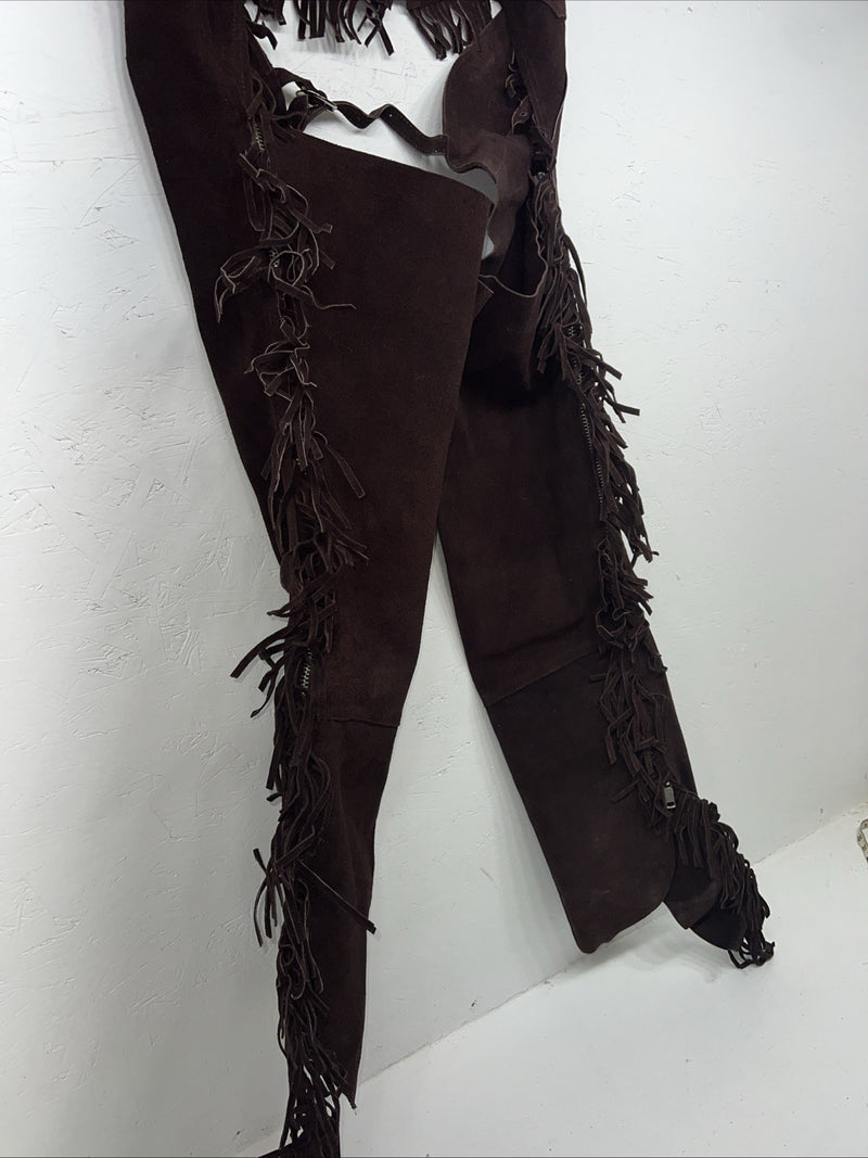 NOS Brown Show Chaps With Fringe Large Adjustable Waist 45” I-62