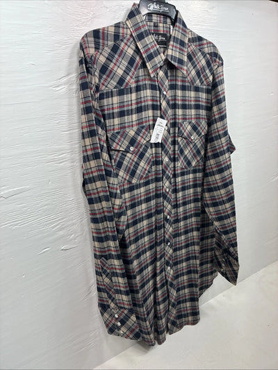 New Men’s White Horse Brown Blue Plaid Long Sleeve Pearl Snap Large Tall X-74