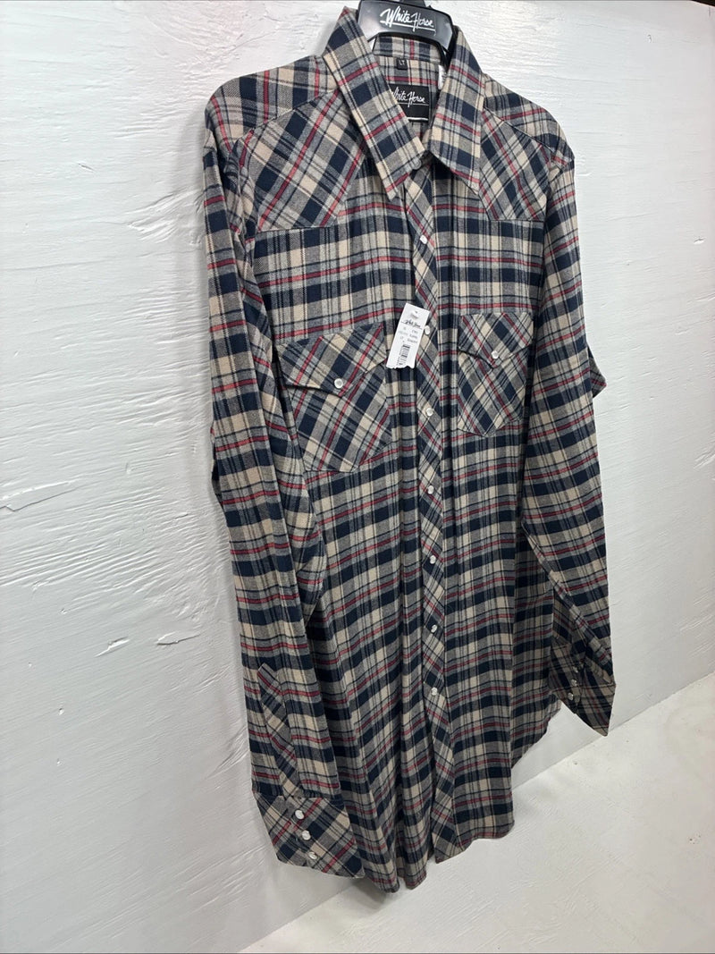 New Men’s White Horse Brown Blue Plaid Long Sleeve Pearl Snap Large Tall X-74