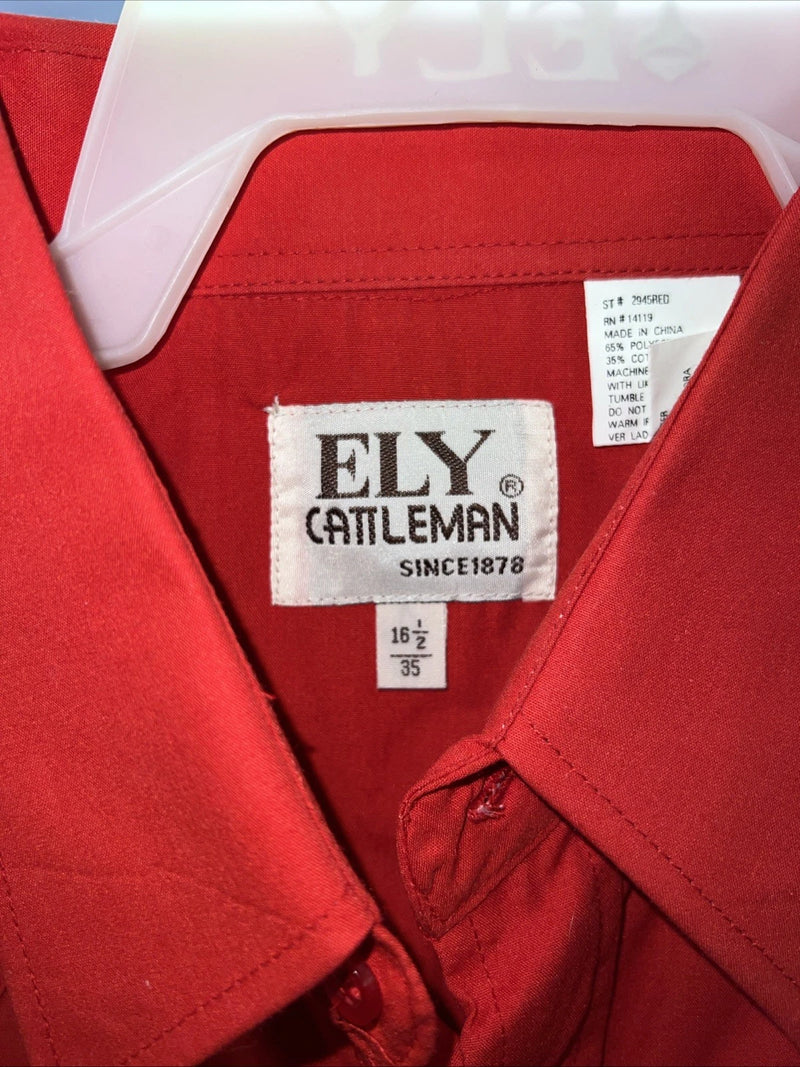 New Men’s Red ELY Cattleman Long Sleeve Pearl Snap Shirt. 16.5x35 L P-61