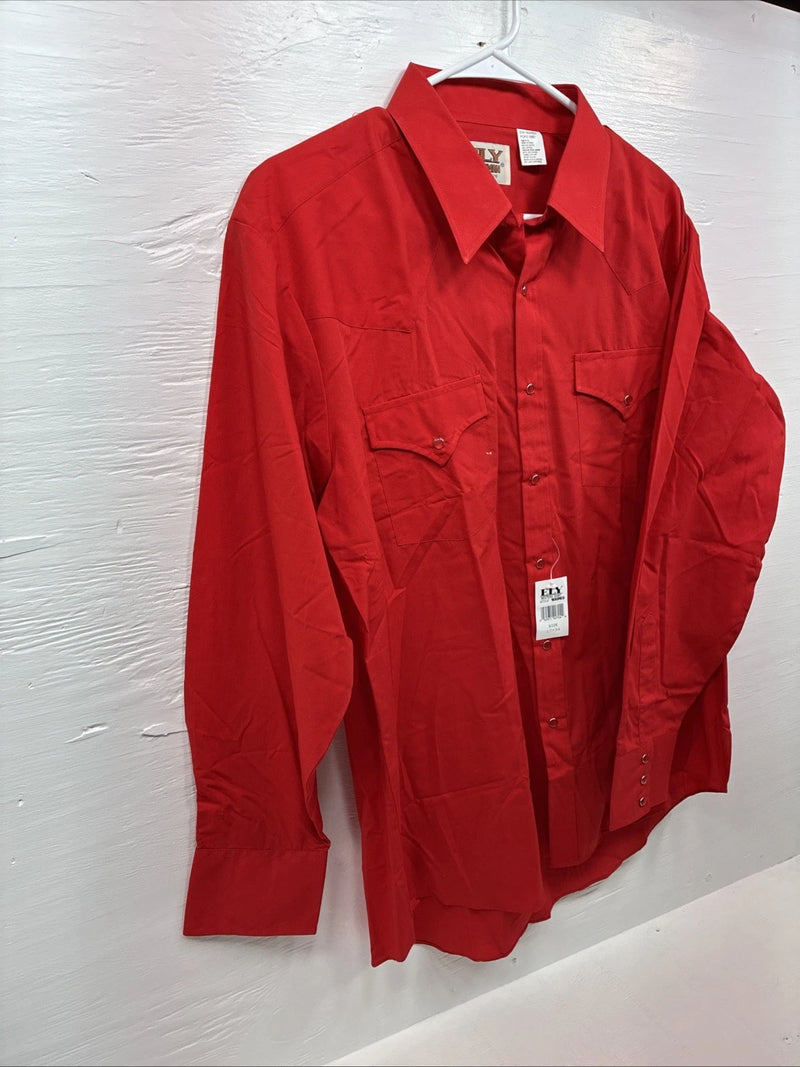 New Men’s ELY Cattleman Simple Red Long Sleeve Pearl Snap 17 X 34 XL T-3