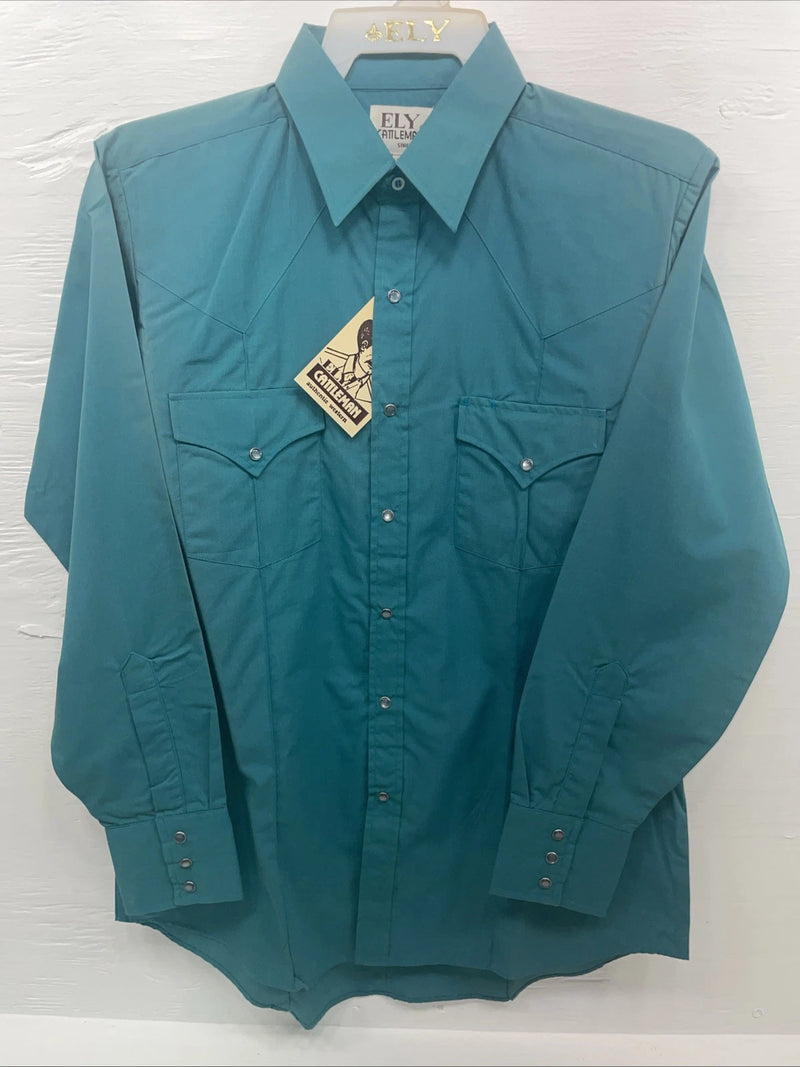 New Men’s ELY Cattleman Teal Long Sleeve Pearl 15.5 X 34 Medium B-103