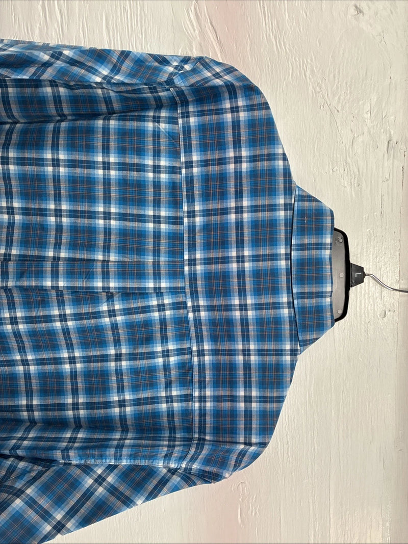 New Men’s ELY Cattleman Blue Plaid Long Sleeve Pearl Button Up Large CC-19