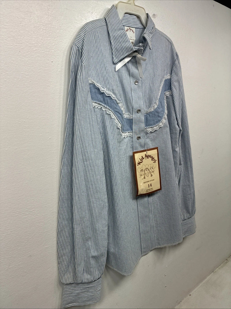New Women’s Kid Kountry Blue Stripe Design Long Sleeve Pearl Snap Size 14 YY-10