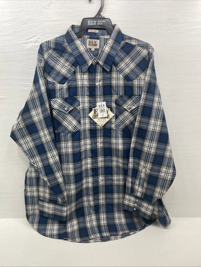 New Men’s ELY Cattleman Blue Long Sleeve Pearl Snap 3XL E-23