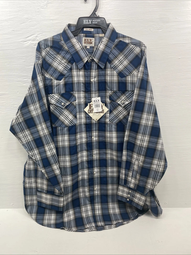 New Men’s ELY Cattleman Blue Long Sleeve Pearl Snap 3XL E-23