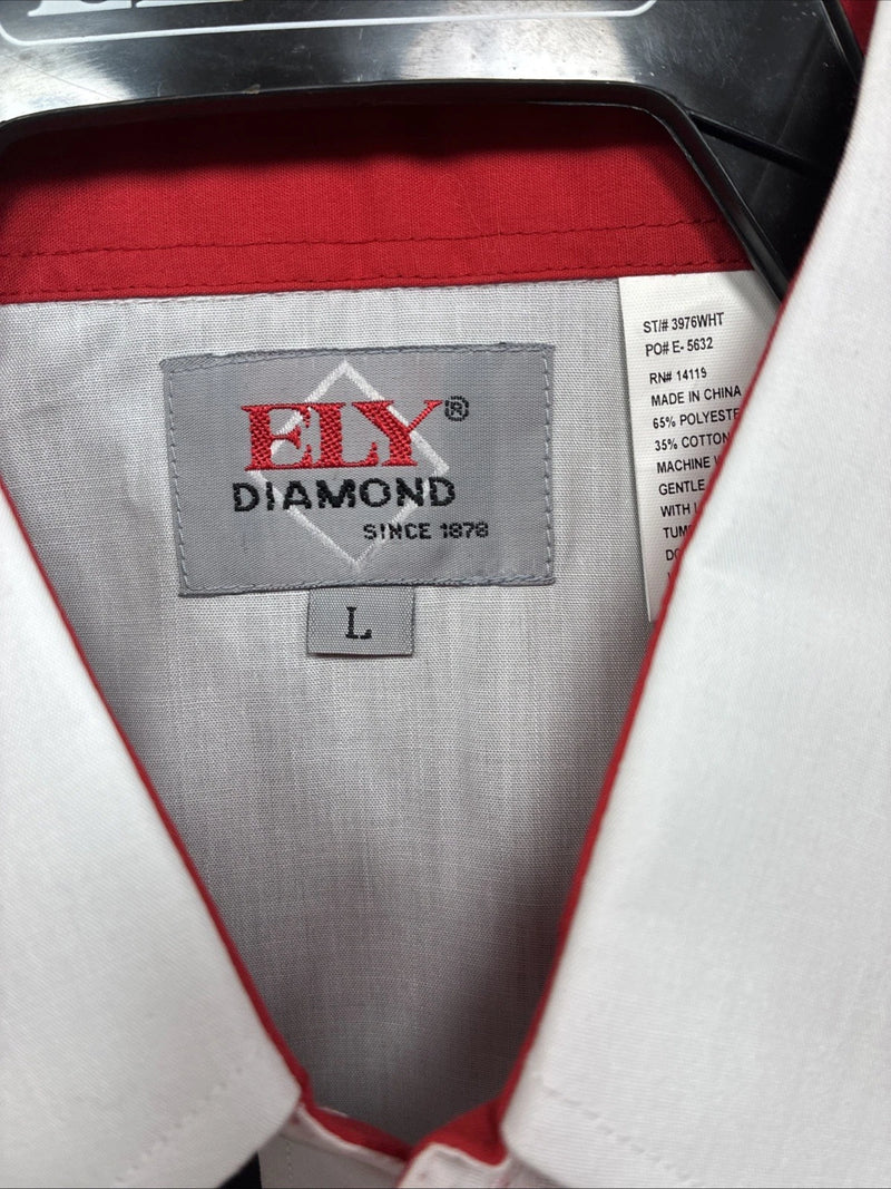 New Men’s ELY Diamond White Fire Design Long Sleeve Pearl Snap Large AA-15