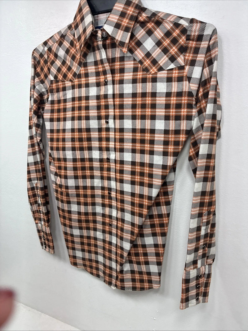 New Women’s Panhandle Slim Orange Plaid Long Sleeve Pearl Snap Size 30 KK-56