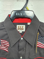 New Men’s ELY Cattleman Black Flag Design Long Sleeve Pearl Snap Large V-49