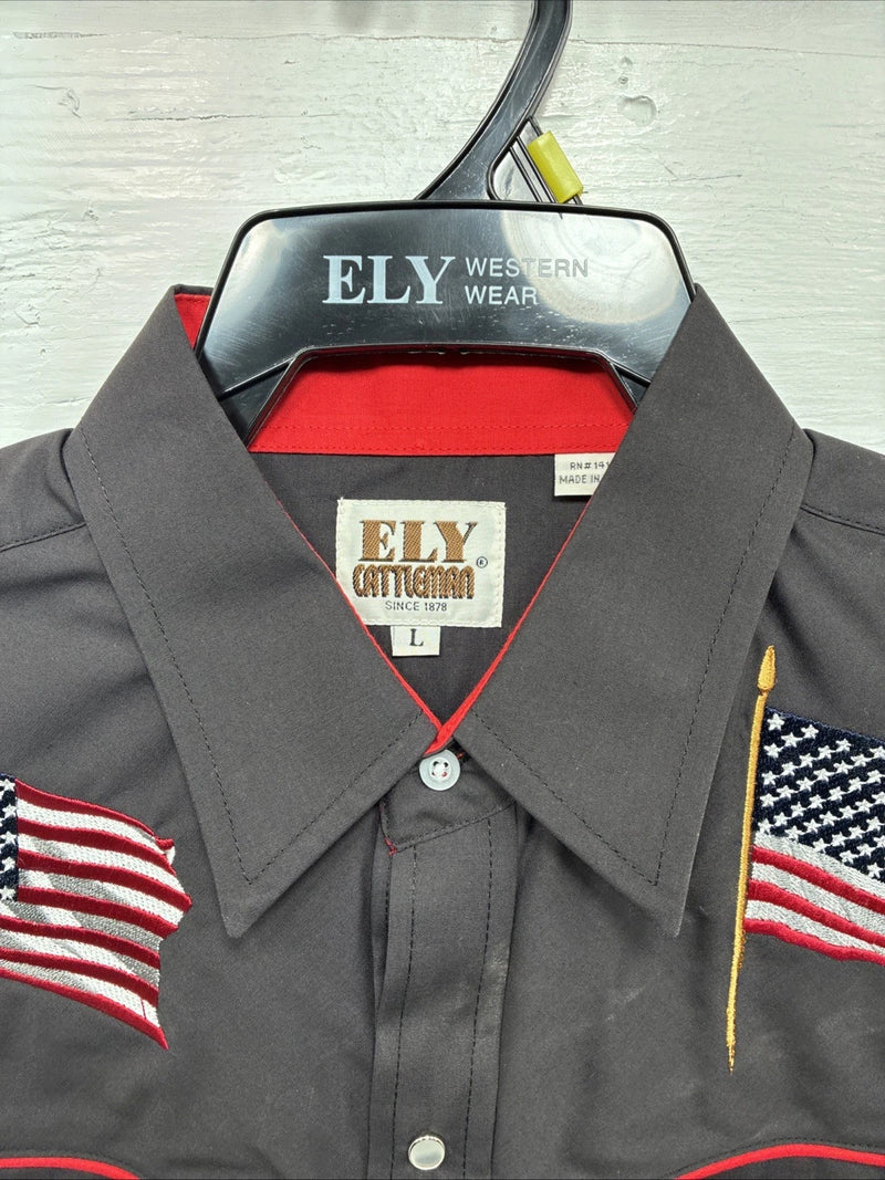 New Men’s ELY Cattleman Black Flag Design Long Sleeve Pearl Snap Large V-49