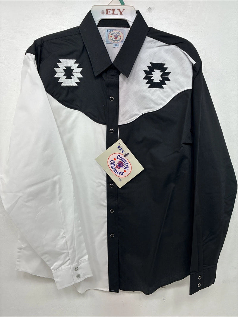 New Womens Country Charmers Black White Long Sleeve Pearl Snap XL II-40
