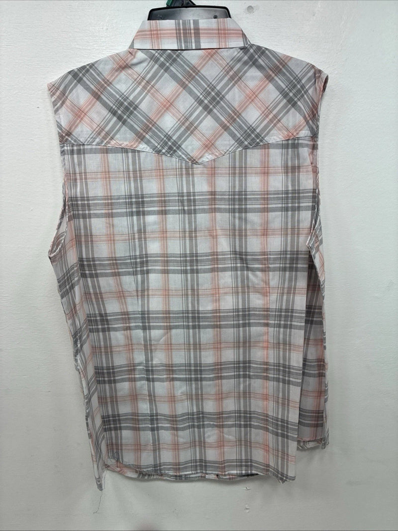 New Women’s Cumberland Pink Gray Plaid Short Sleeve Pearl Snap Large GG-77