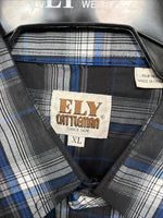 New Men’s ELY Cattleman Blue Black Plaid Long Sleeve Pearl Snap XL O-66