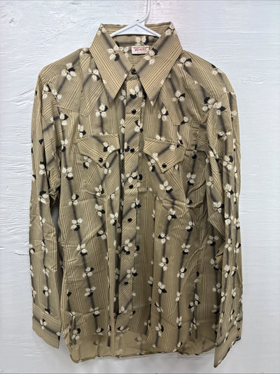 New Men’s ELY Plains Tan Black Floral Long Sleeve Pearl Snap 16 X 36 Large X-64