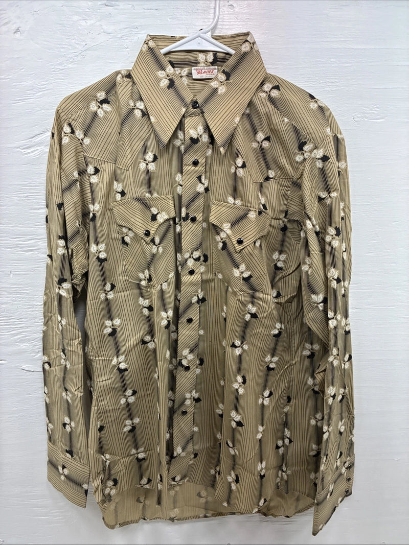 New Men’s ELY Plains Tan Black Floral Long Sleeve Pearl Snap 16 X 36 Large X-64