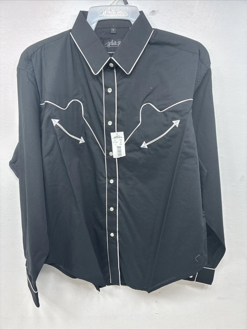 New Women’s White Horse Black Design Long Sleeve Pearl Snap Large LL-112