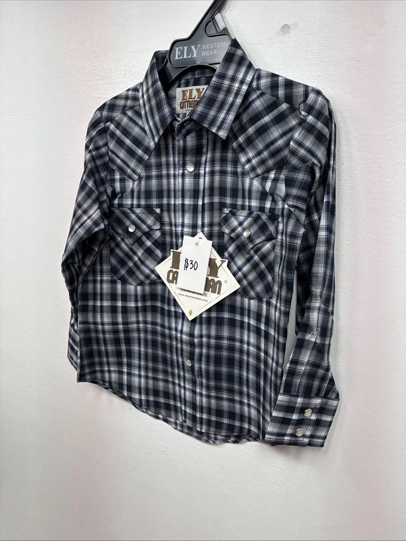 New Kids ELY Cattleman Black Plaid Long Sleeve Pearl Snap Size 5 DD-149