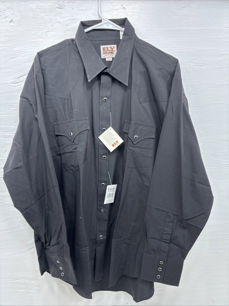 New Men’s ELY Cattleman Black Simple Long Sleeve Pearl Snap 17.5 X 35 XL J-29