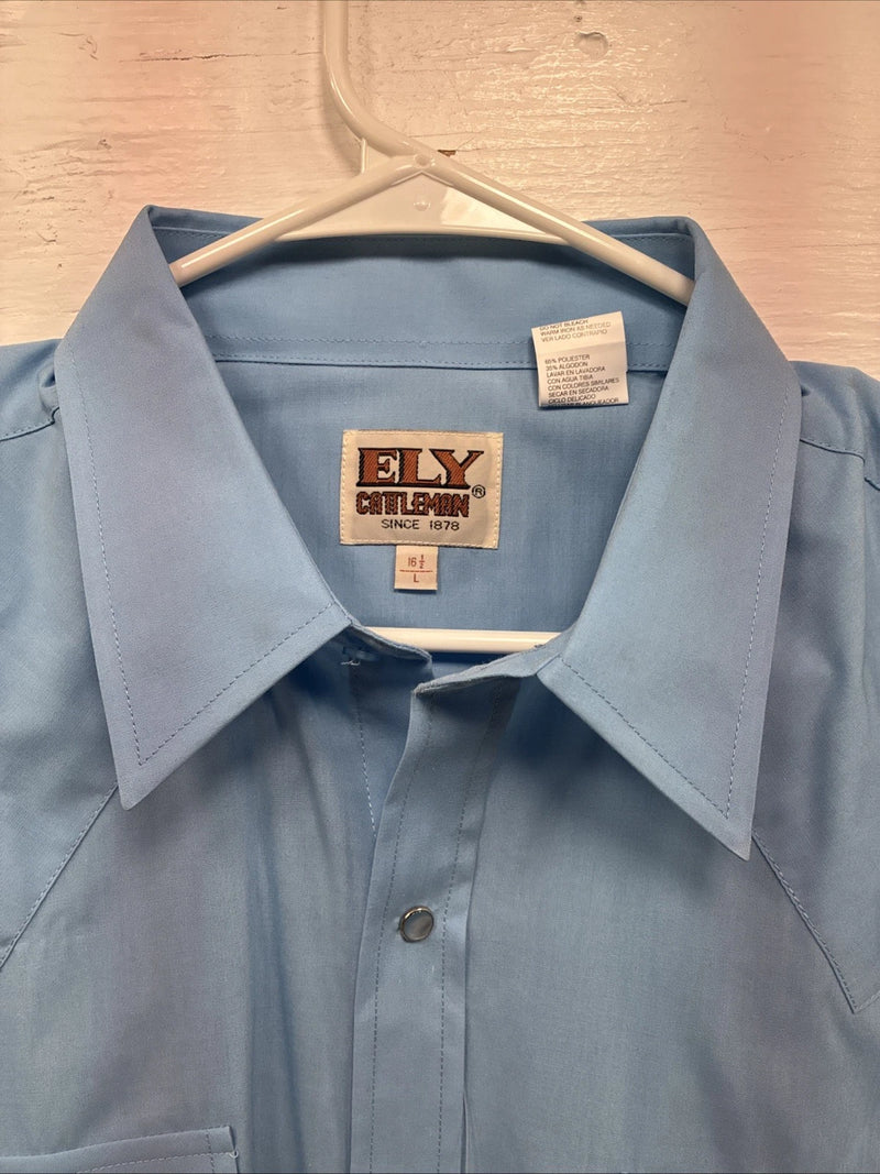 New Men’s ELY Cattleman Blue Simple Short Sleeve Pearl Snap 16.5 Large M-50