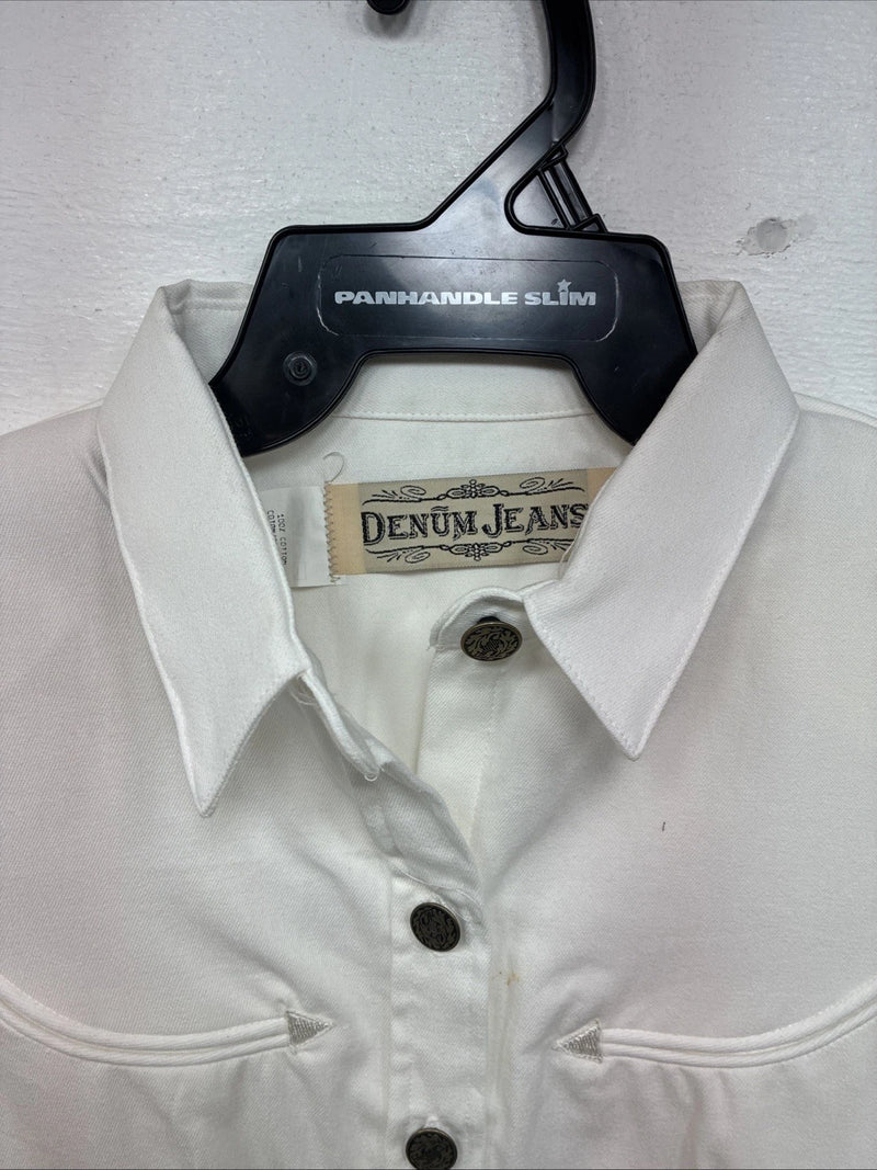 New Women’s Demum Jeans White Short Sleeve Button Up Shirt Medium YY-87