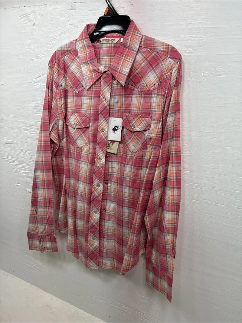 New Women’s Cumberland Pink Plaid Long Sleeve Pearl Snap Medium DD-26