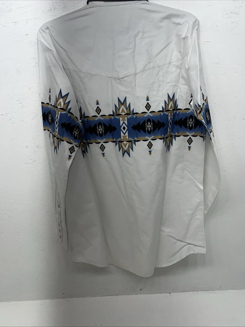 New Men’s White Blue Cumberland Outfitters Pearl Snap Long Sleeve Medium I-54