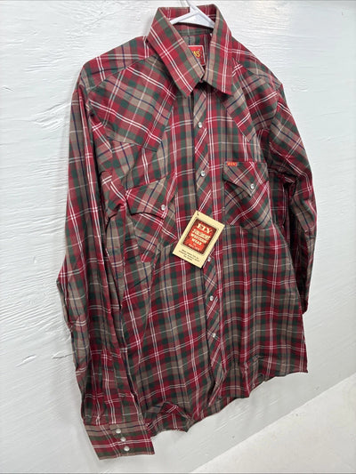 New Men’s ELY Plains Red Plaid Long Sleeve Pearl Snap 15 X 34 Medium AA-79