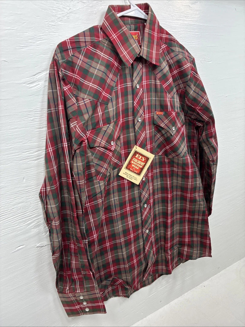 New Men’s ELY Plains Red Plaid Long Sleeve Pearl Snap 15 X 34 Medium AA-79 